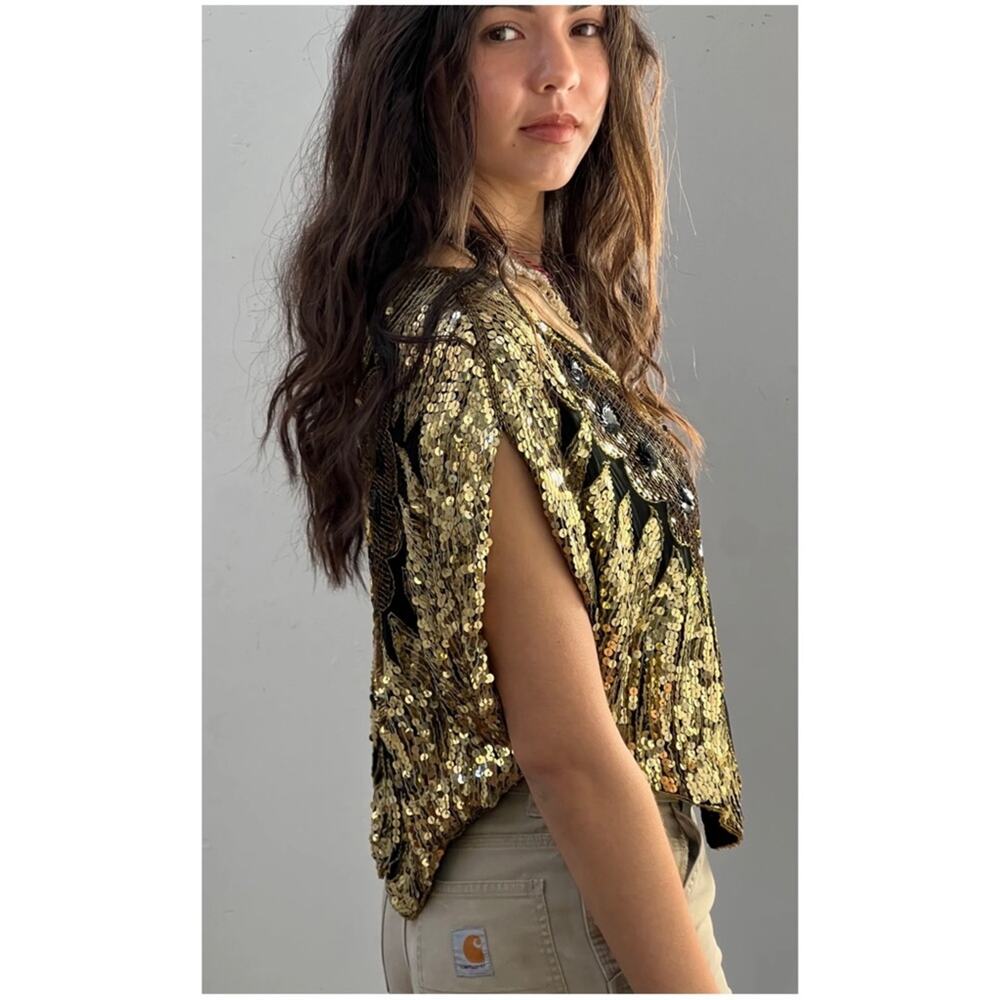 Vintage 70s Women’s Sz S NWT Black Gold Sequin Butterfly Top Deadstock Silk Boho